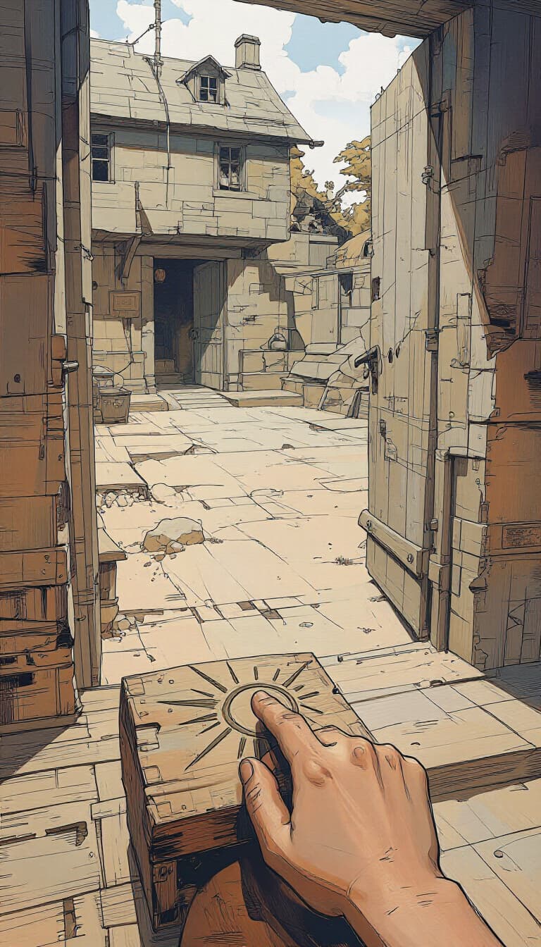 Run 2, day 10: a thumb carves a seven-rayed sun into the granary doorframe, unwitnessed