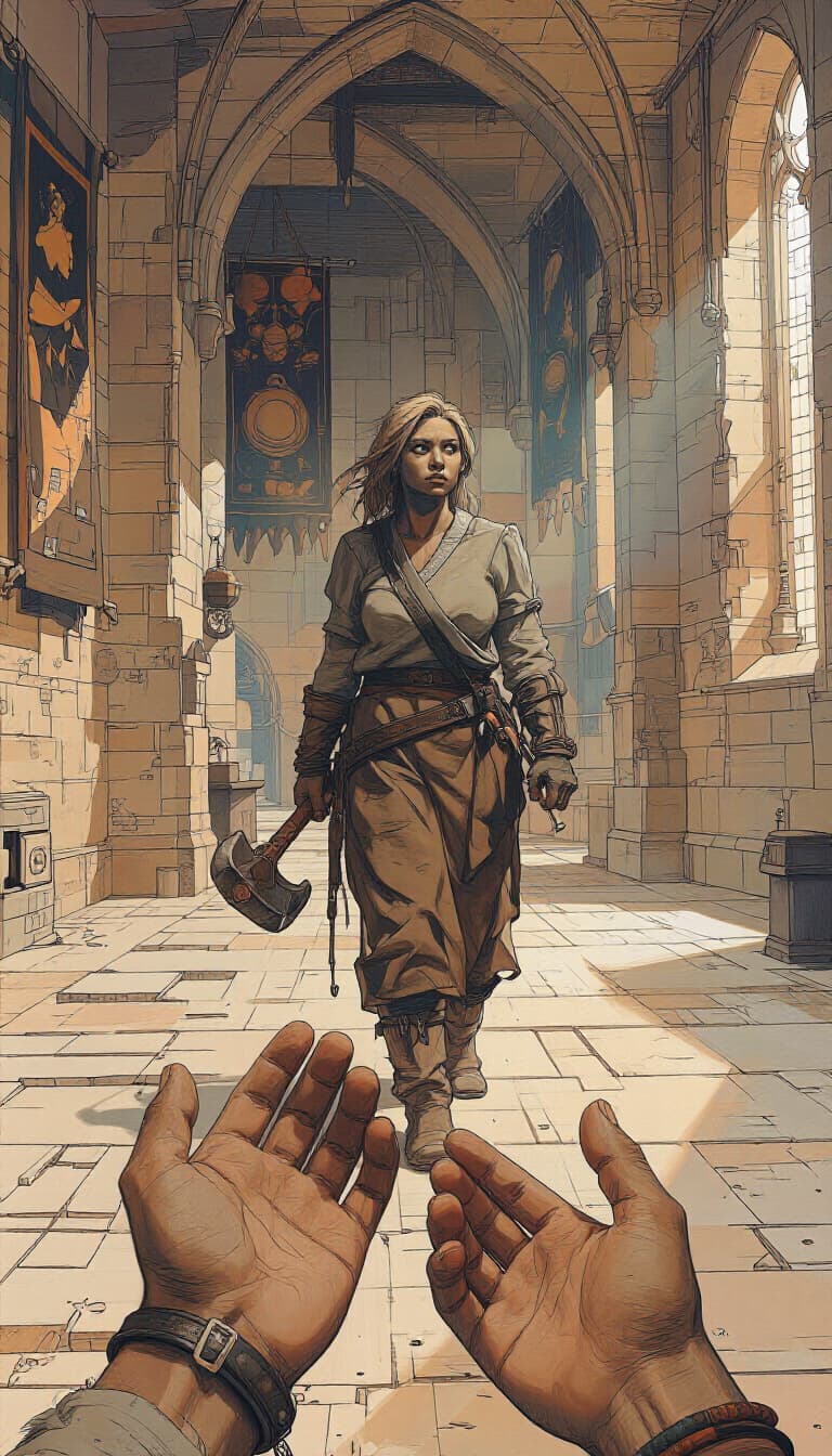 Day 1 of run 2: the opening scene — Thornmere's great hall, Bruna striding forward, hammer in hand