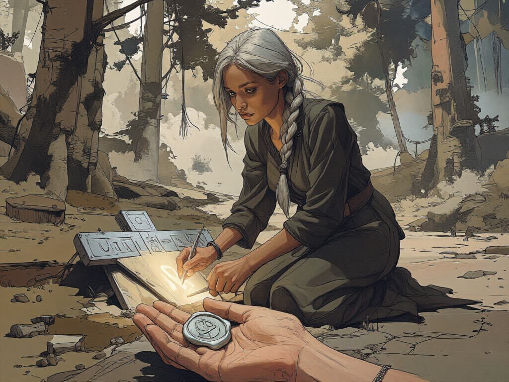 Liraen kneeling at the rune-etched sign in the glade, a half-melted seal in the player's palm — day 90 of the second run