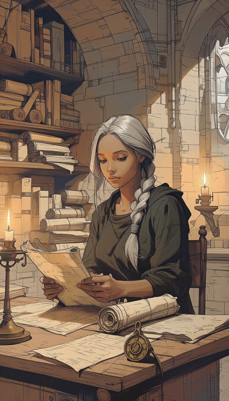 Day 83: Liraen at her desk covered in scrolls answers without the name