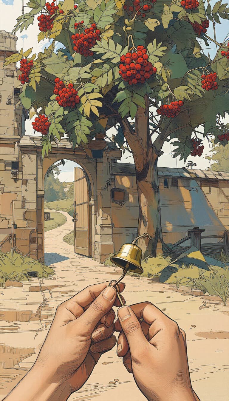 Day 2: the brass bell tied to the low branch of the rowan tree