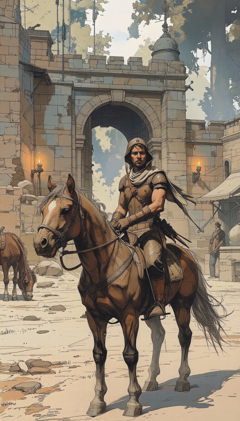 The scout "Eldric" — a name nobody planted — rides out through the fort's gate