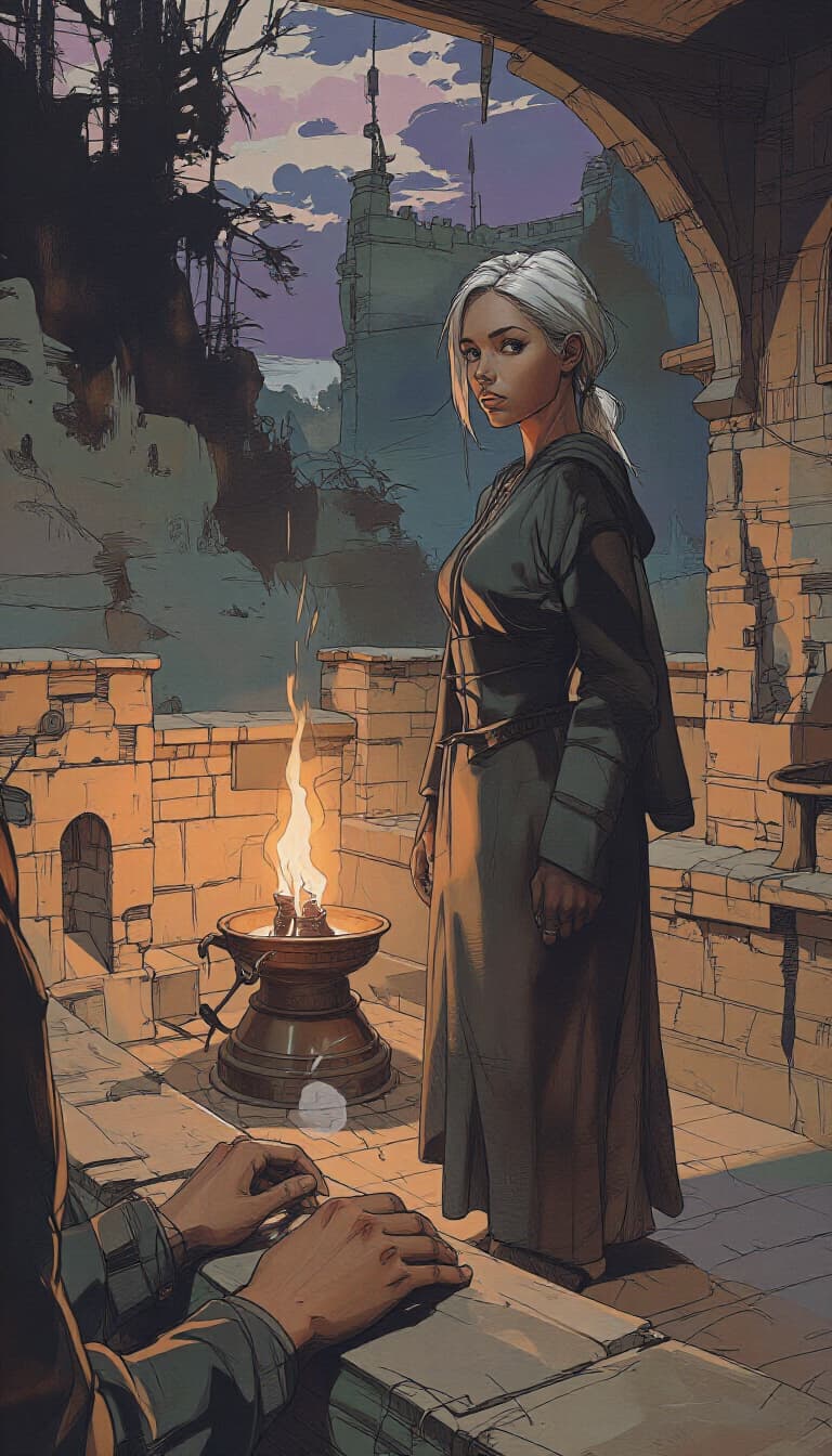 Day 55: on the battlements at dusk, near a brazier, confiding in Liraen