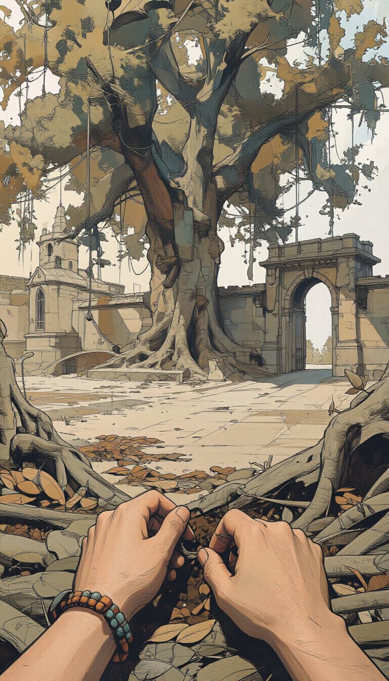 Day 2: hands bury the silver bracelet in the hollow between the oak's roots