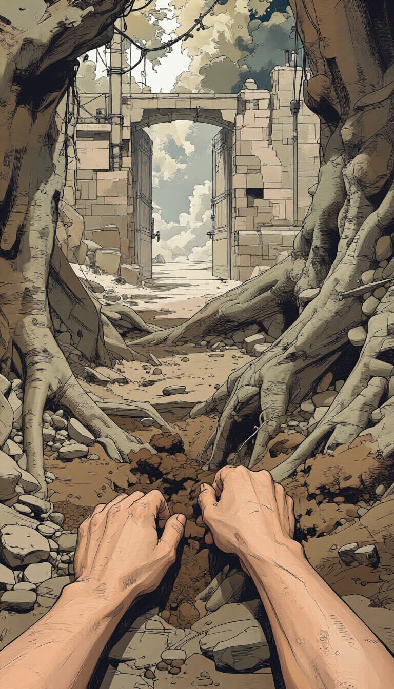 Day 58: hands dig into the hollow between the oak's roots
