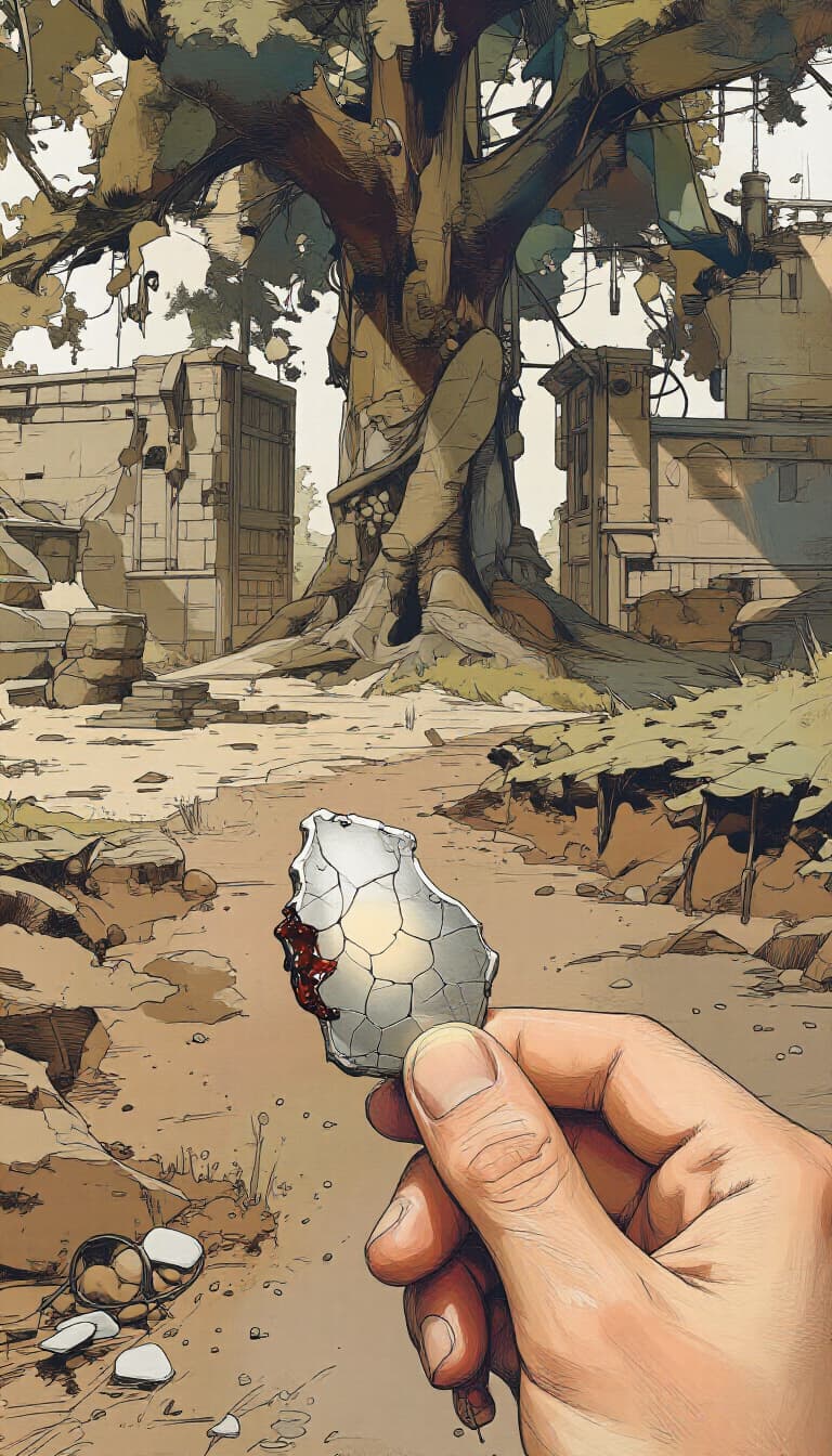 Day 58: a small cracked silver shard in the palm — an object nobody buried