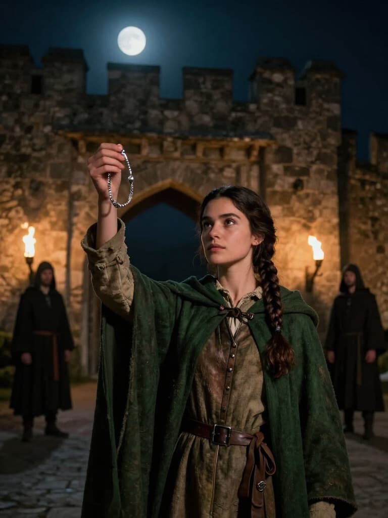The keeper raising the silver bracelet at the moonlit postern during the binding ritual