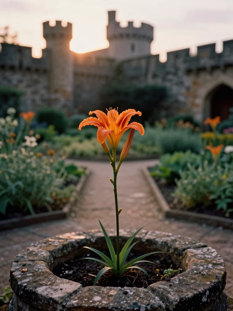 A tall fire-lily blooming alone in the stone circle of the herb garden